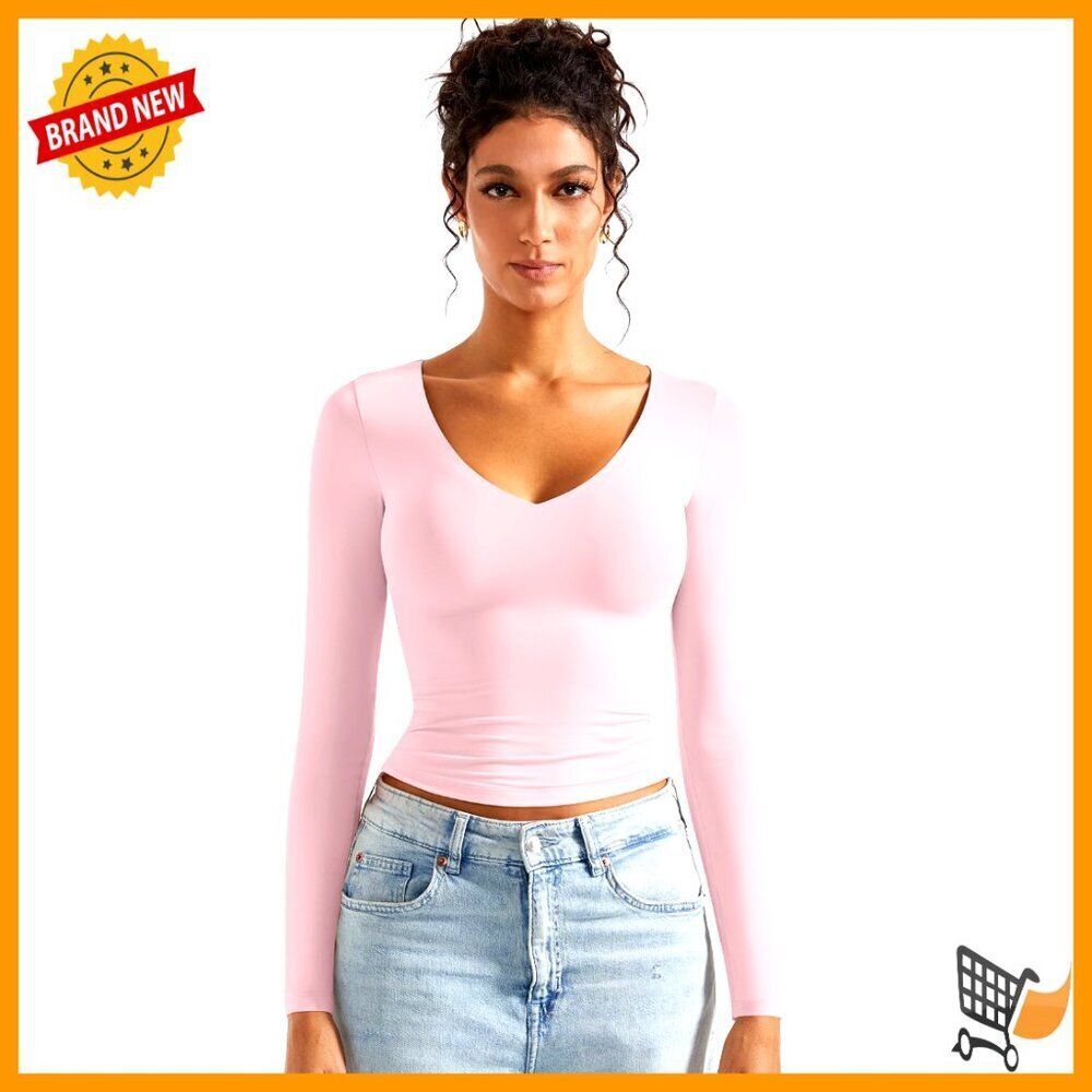 Double Lined Crop Tank Top, V-Neck, Slim Fit, Long Sleeve, Size XS